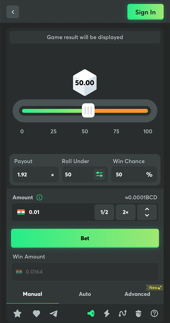 The main interface of the Dice game available at BC Game Casino.