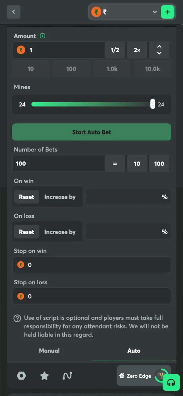 BC Game Mines showing the high difficulty level.