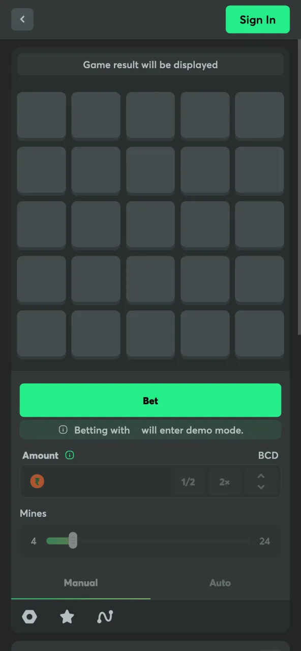 Mines start screen displayed on the BC Game platform.